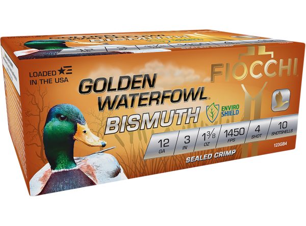 Fiocchi 123GB4 Golden Waterfowl Bismuth 12Gauge 3" 1 3/8oz 4Shot 10 Per Box/10 Case